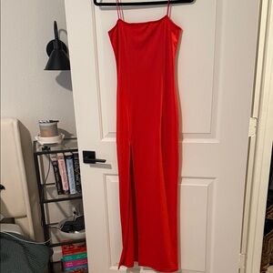 Satin Red Spaghetti-Strap Maxi Dress with Front Slit